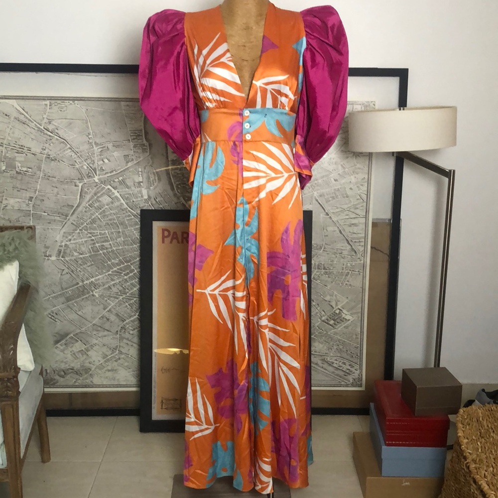 ZULY NIÑO Vibrant Orange Tropical Maxi Dress with Puff Sleeves Size 8